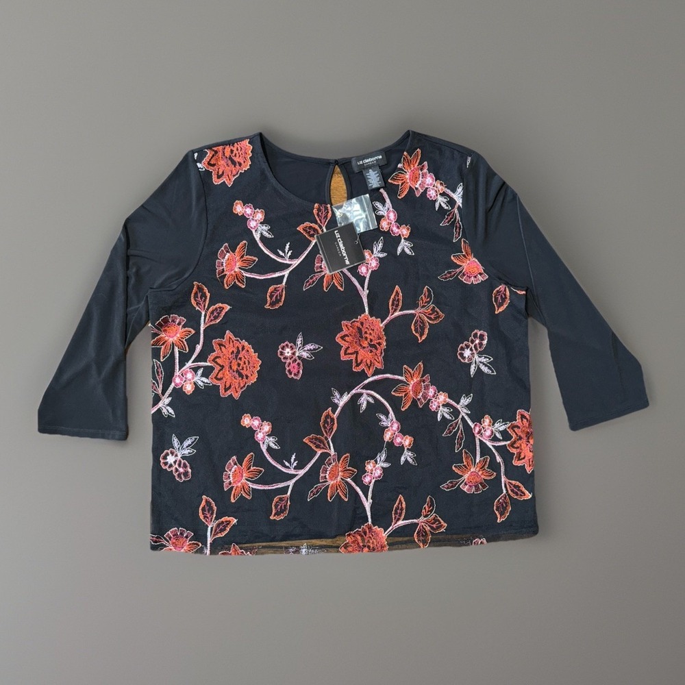 NWT Liz Claiborne Career Black Embroidery Midnight Caravan Top Womens XL